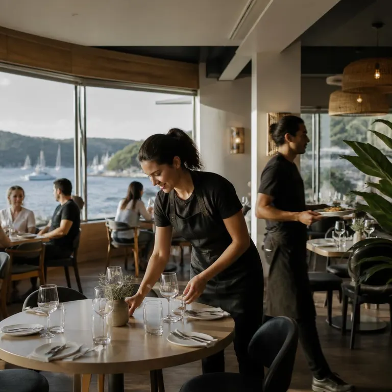 Restaurant staff preparing tables in a relaxed waterfront restaurant on Pittwater.