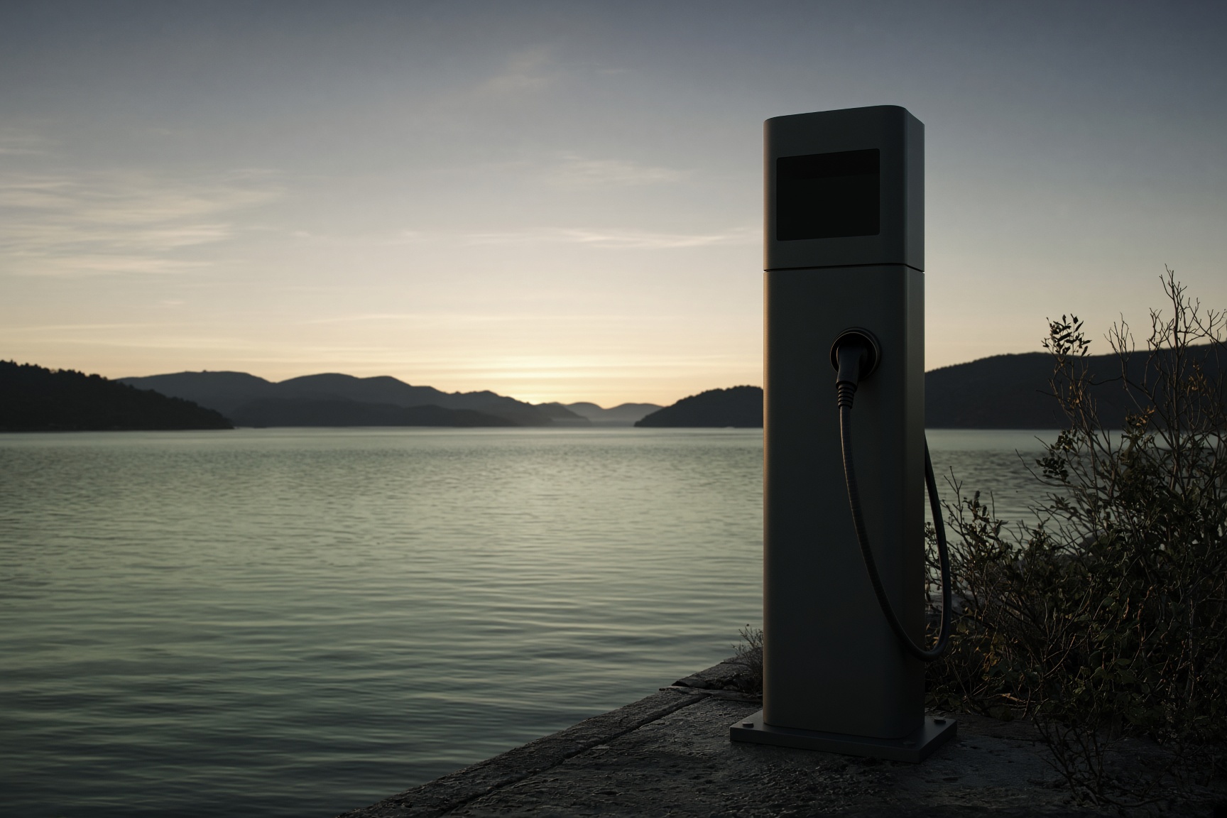 A single charging post at dusk beside still water.
