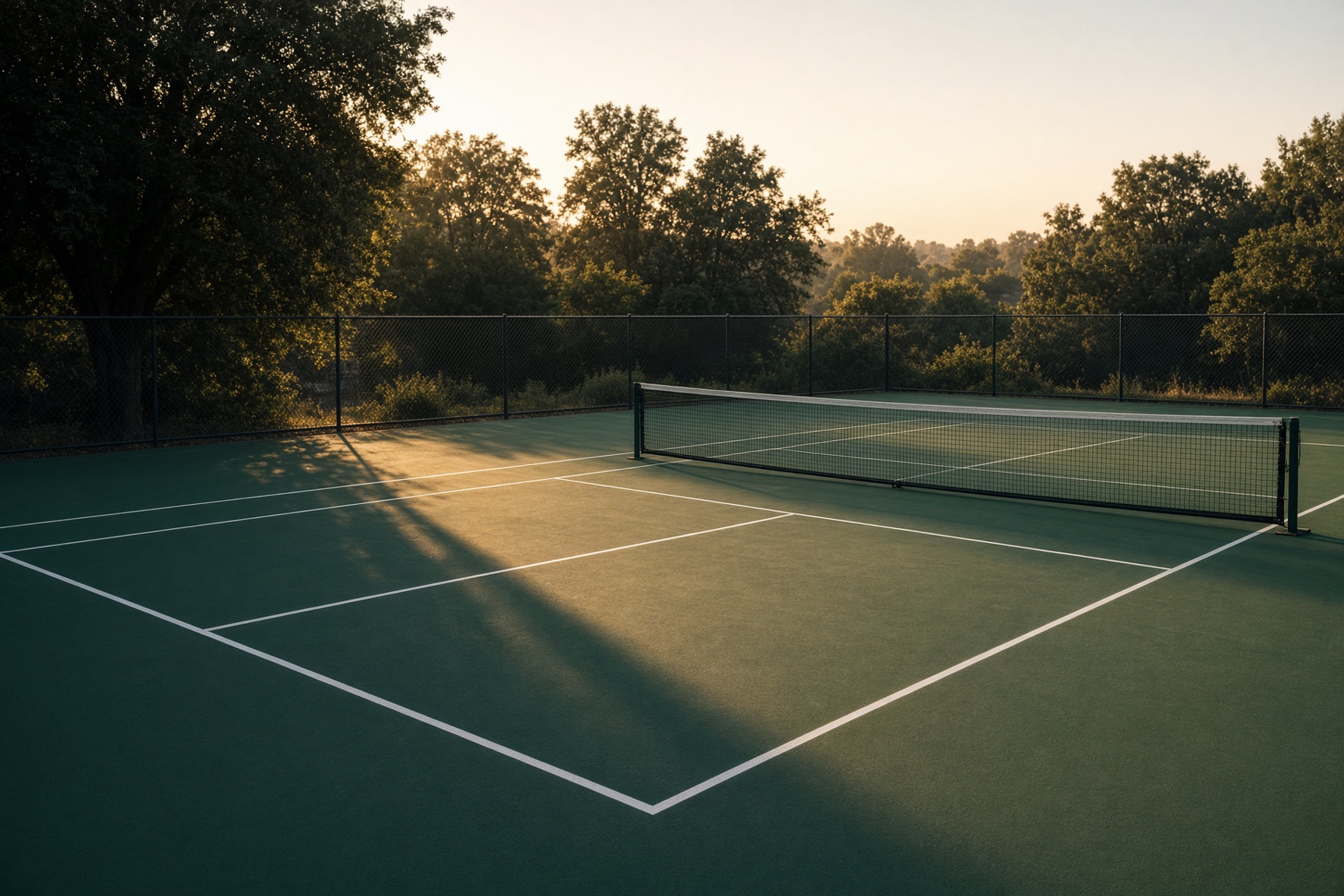 An empty green court in late light, white lines and a long shadow.
