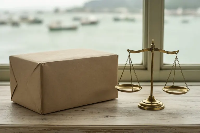 A plain parcel and a brass scale on a timber bench.