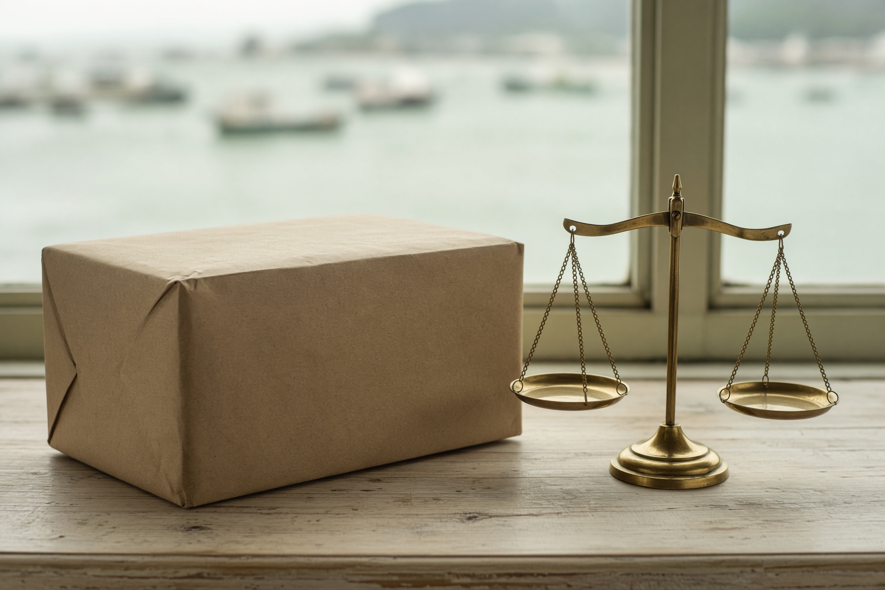 A plain parcel and a brass scale on a timber bench.
