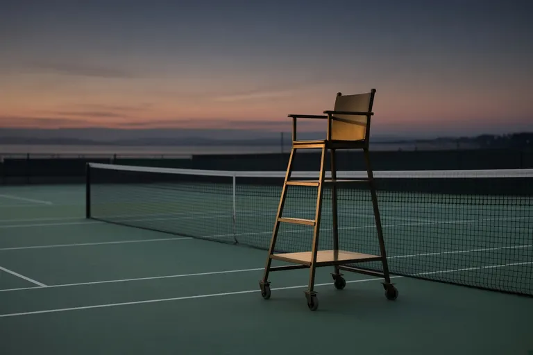 An empty umpire chair beside a tennis net at dusk.