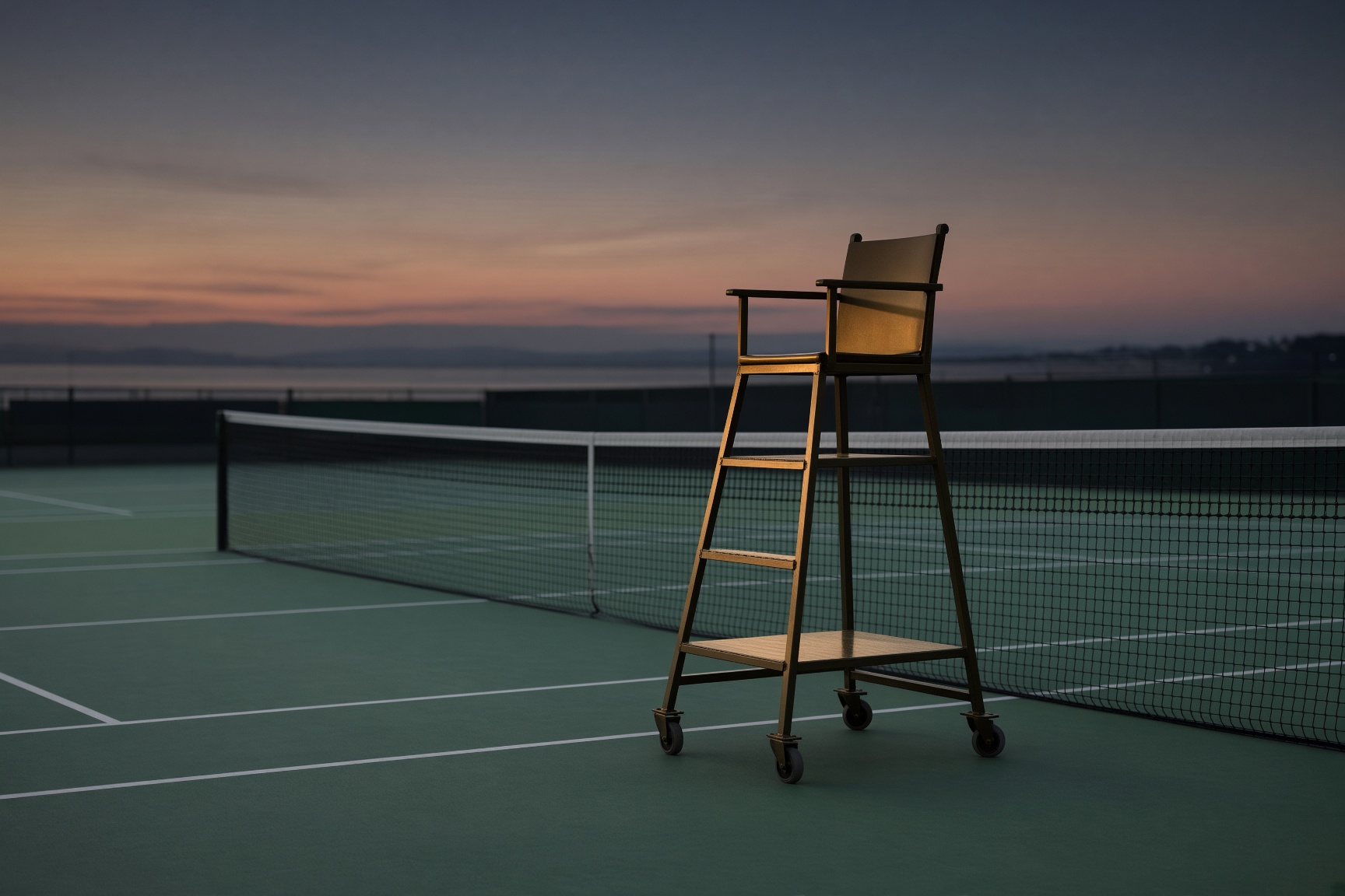 An empty umpire chair beside a tennis net at dusk.