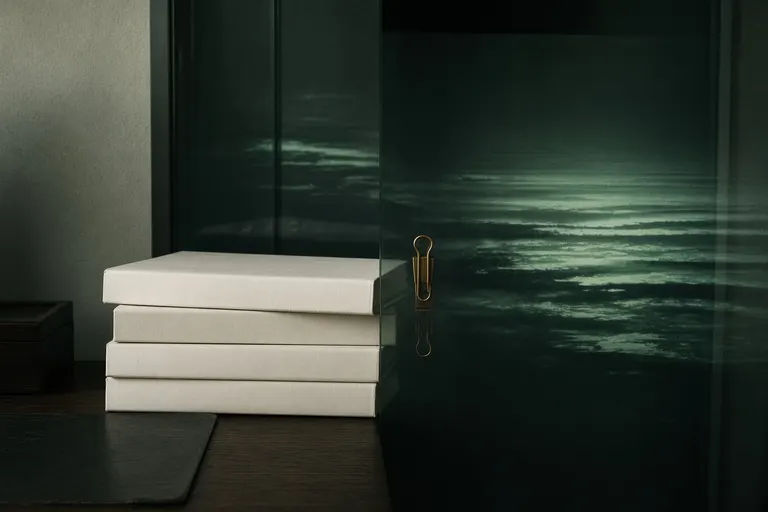 Blank archival folders and a dark glass pane in sea-green light.