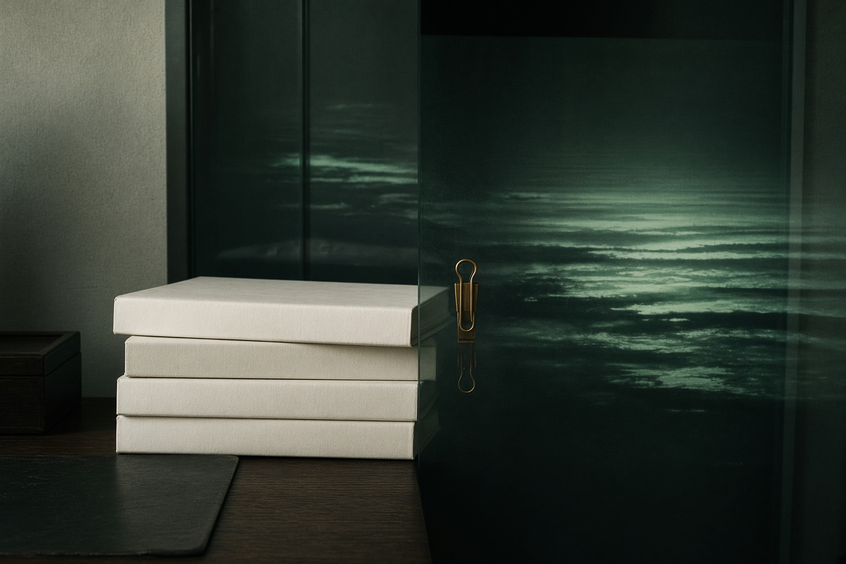 Blank archival folders and a dark glass pane in sea-green light.