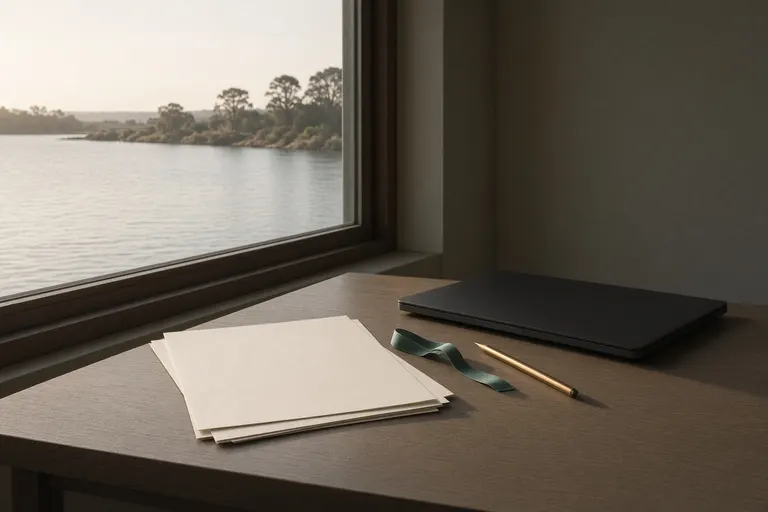 A spare desk, blank paper, a closed laptop and a brass pencil by the water.