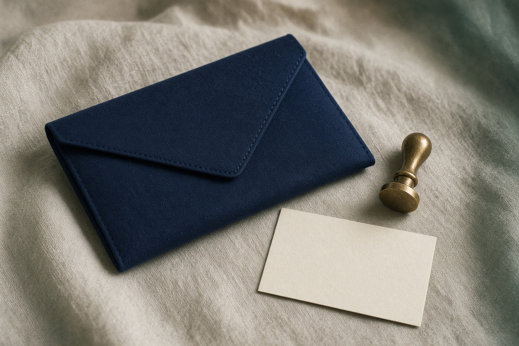 A closed navy wallet, a brass seal and a blank cream card.